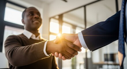 Handshake Deal: A moment of business connection and trust between two professionals, symbolizing a successful agreement or partnership, illuminated by natural light