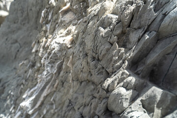 Layered rocks, flysch texture background. Sedimentary rock, striations stone pattern