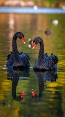 Two black swans on a pond