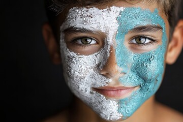 Fototapeta premium A young boy with a painted face, showcasing a mix of white and turquoise colors, gazes confidently at the camera against a dark background.