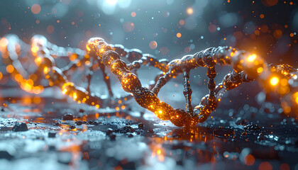 Illuminated DNA Helix: A stunningly detailed rendering of a DNA helix, its double-helix structure bathed in a warm, internal light against a dark, textured background.
