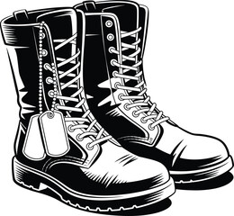 Pair of black combat boots with laces detailed hand drawn sketch
