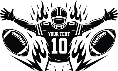 American football player with flaming accents and footballs action graphic