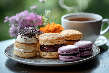 Fototapeta premium Beautifully Arranged Tea Set with Scones and Macarons