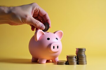 Stop-Motion Animation: Hand Inserting Coins into Piggy Bank, Stack Growing