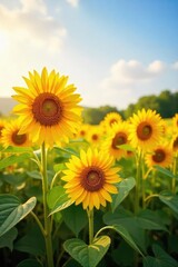 Obraz premium Vibrant sunflowers basking in the warm glow of summer sunshine, their golden petals reaching towards the sky A picturesque scene of nature's beauty and idyllic summer days , warm, summer