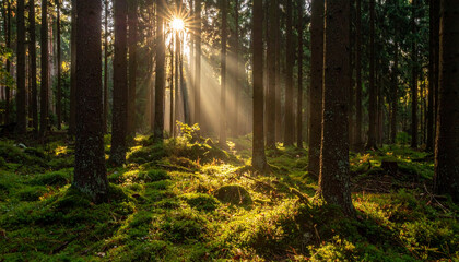 sun rays through the forest