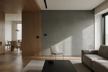 Modern minimalist living room with wooden flooring and neutral tones