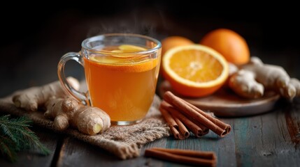 Warm ginger tea with orange slices and cinnamon sticks, perfect for cozy winter gatherings during the holiday season
