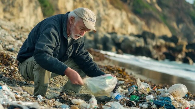 Mature man collecting trash along a beach to promote environmental cleanliness and conservation efforts, Mature 66 year old man picking up trash from a beach in Southern California