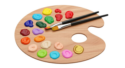 Naklejka premium Isolated wooden artist palette with paint blobs and paintbrushes for artistic use, craftwork