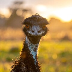 Close-up of an emu at sunset