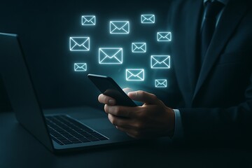 Close-up of a man using his mobile phone with many email icons floating above it, representing digital communication and connectivity, with a laptop in the background on a dark, modern surface