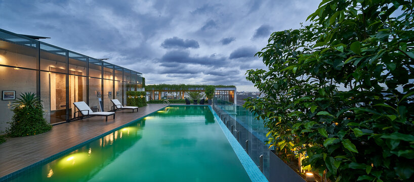 Elegant rooftop swimming pool featuring lounge chairs and lush greenery under a cloudy evening sky. 