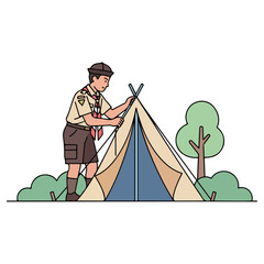 Obraz premium Boy Scout Erecting Tent Outdoors Camping Adventure Activity.