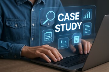 Business professional working on a laptop, the words "CASE STUDY" are superimposed over the scene, suggesting a focus on analysis, reports, success, and documentation