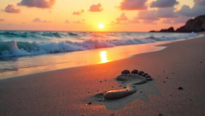 Solitary Footprint in Wet Sand at Sunset A Minimalist Image of Personal Journey and Tranquility