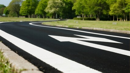 Naklejka premium Smooth black road with white directional arrows in a green park