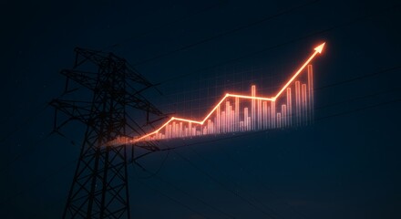 Rising energy demand depicted with a graph over power lines at night