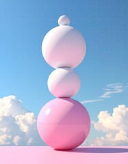 Three white spheres stacked atop a pink sphere, against a pastel sky