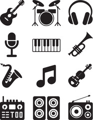 Diverse musical instruments and audio equipment icons