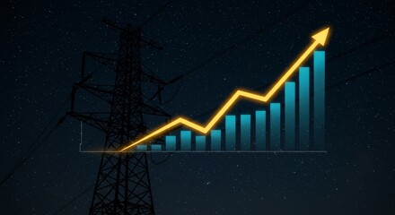 Increasing energy consumption illustrated by rising line graph over pylon at night