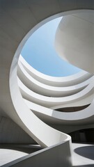 Fototapeta premium Modern architectural structure with curved white forms and circular opening to sky