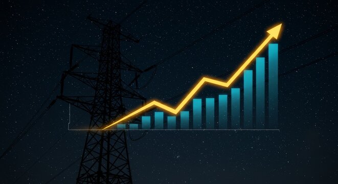 Increasing energy consumption illustrated by rising line graph over pylon at night