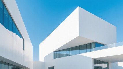 Fototapeta premium Modern white architectural structure with clean lines and large glass windows under a clear blue sky