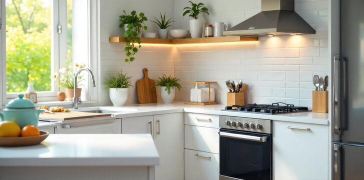 A sparkling clean kitchen, countertops wiped down, appliances gleaming, dishes put away, fresh scent of cleanliness A pristine, organized space ready for the day , mop, surface