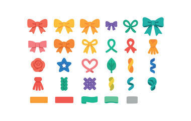 colorful flat vector icons Ribbons (Types) single bow double bow triple bow mini bow jumbo bow flat bow puffy bow tail bow loop bow knot bow ribbon rose ribbon star ribbon heart ribbon leaf.