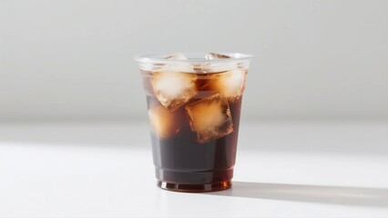 Cold refreshing iced cola with ice cubes in a plastic cup