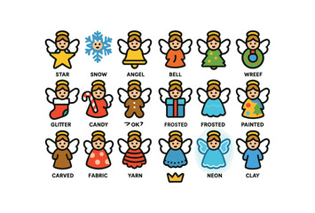 colorful flat vector icons Angels (Decorations) angel star angel snow angel bell angel tree angel wreath angel stocking angel candy angel cookie angel gift angel ribbon angel bow angel.