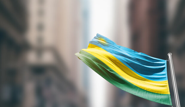 Rwanda national flag waving on street. A beautiful with mast with blur buildings. Rwanda national flag for independence day. - Powered by Adobe