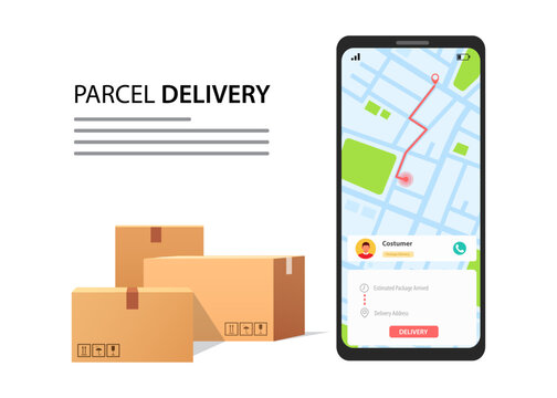 Parcel delivery tracking on cellphone or mobile phone vector, smartphone with city map on screen and pin pointers destination location with packaging boxes, stock illustration