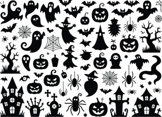 Spooky halloween icons collection black and white haunted house ghosts pumpkins spiders bats witch