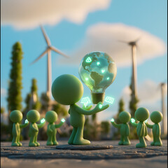 11. Green figures holding glowing Earth lightbulb with renewable energy icons, concept of cooperation and sustainable future