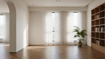 Obraz premium Bright and spacious modern living room with large windows and wooden floors