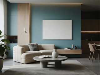 Modern living room with minimalist sofa and round coffee table