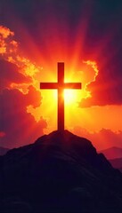 A symbolic depiction of Christian salvation; a cross silhouetted against a vibrant sunrise, representing hope, redemption, and new beginnings , promise, love