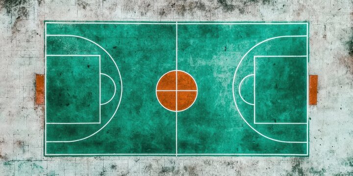 An aerial view of a worn basketball court, featuring distinct markings and a vibrant turquoise color, showcasing the sport's dynamic nature.