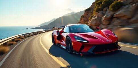 Obraz premium A sleek, red sportscar accelerates on a winding coastal road, leaving a blur of motion behind it The powerful engine roars as it conquers the curves at breathtaking speed , blur, fast