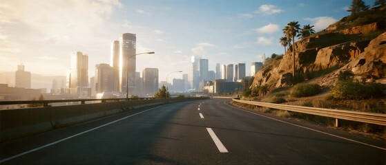 Fototapeta premium City highway with modern skyscrapers in the background during sunny day