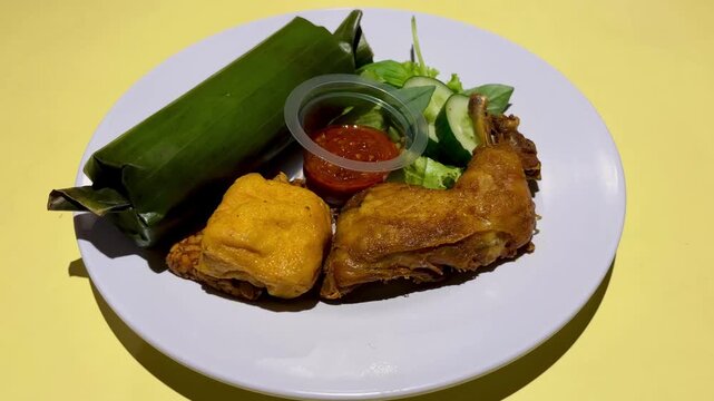 Indonesian food, fried chicken, tofu, tempeh, chili sauce and liwet rice is served on the table. Zoom in movement