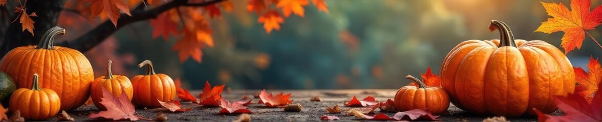 A vibrant autumnal header banner featuring rich, warm colors of fall leaves, pumpkins, and seasonal gourds, perfect for website or social media headers , fall header, yellow, seasonal design