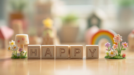 「HAPPY」と書かれた積み木のバックにナチュラルで可愛いミニチュアのお花や虹、幸せ, 喜び, ライフスタイル, コンセプト、ライトの丸ボケ