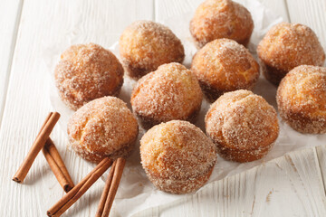 Close-up of sweet cinnamon muffin donuts baked, not fried, on a wooden table. Horizontal