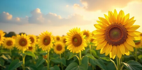 Fototapeta premium A vibrant field of towering sunflowers basking in the warm sunlight, their golden faces turned towards the sky Perfect for summer, nature, and agriculture themes , full bloom, day, sun