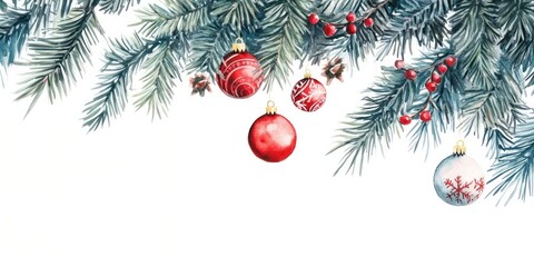 Christmas tree Christmas border illustration watercolor ornaments.