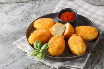 Delicious crispy fried breaded chicken croquettes served with tomato sauce close-up in a plate on the table. Horizontal